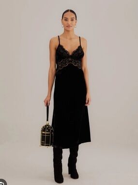 FARM Rio black velvet Richelieu midi dress